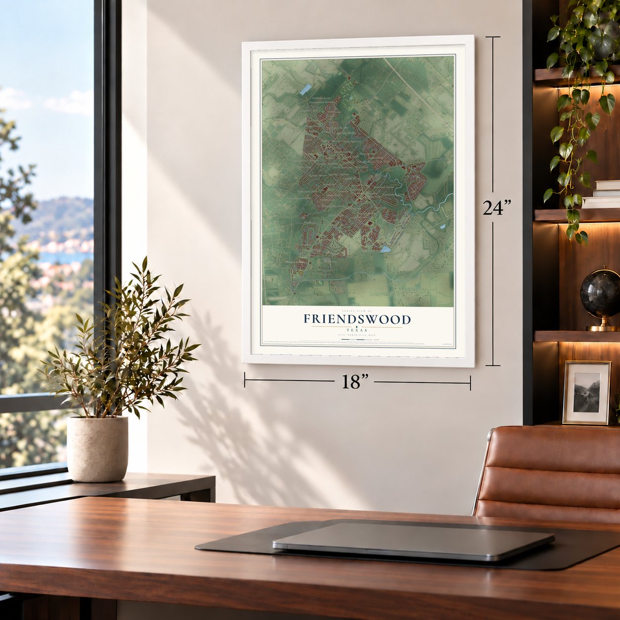 Friendswood, Texas map, 18 x 24 inch print in a white frame in a home office