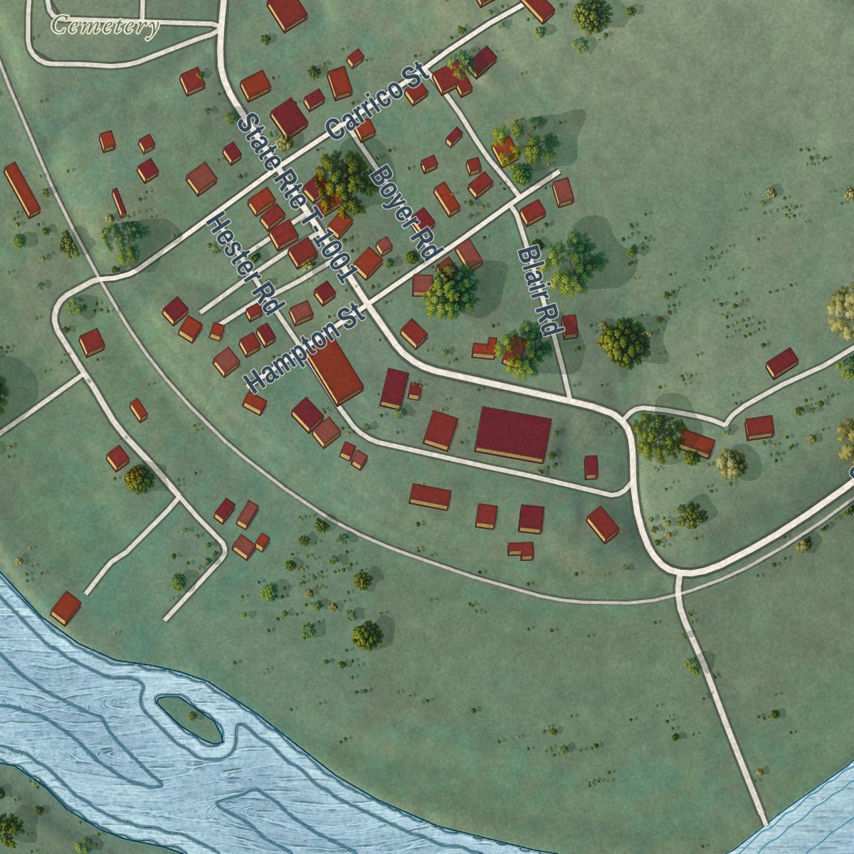 Second close-up of the map of Fries, Virginia print showing more streets and buildings