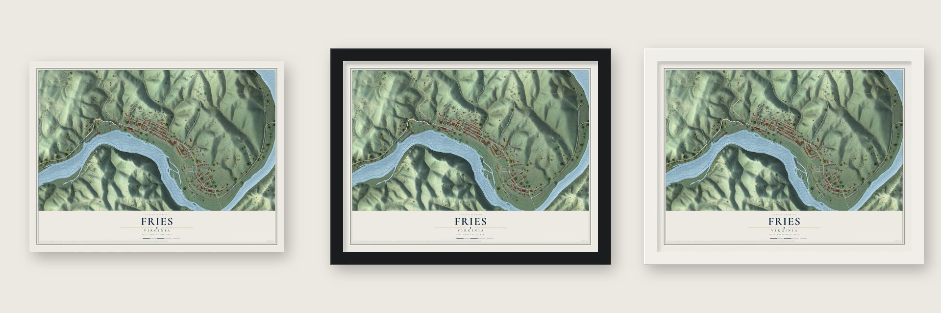 Fries, Virginia map unframed, in a black wood frame and in a white wood frame