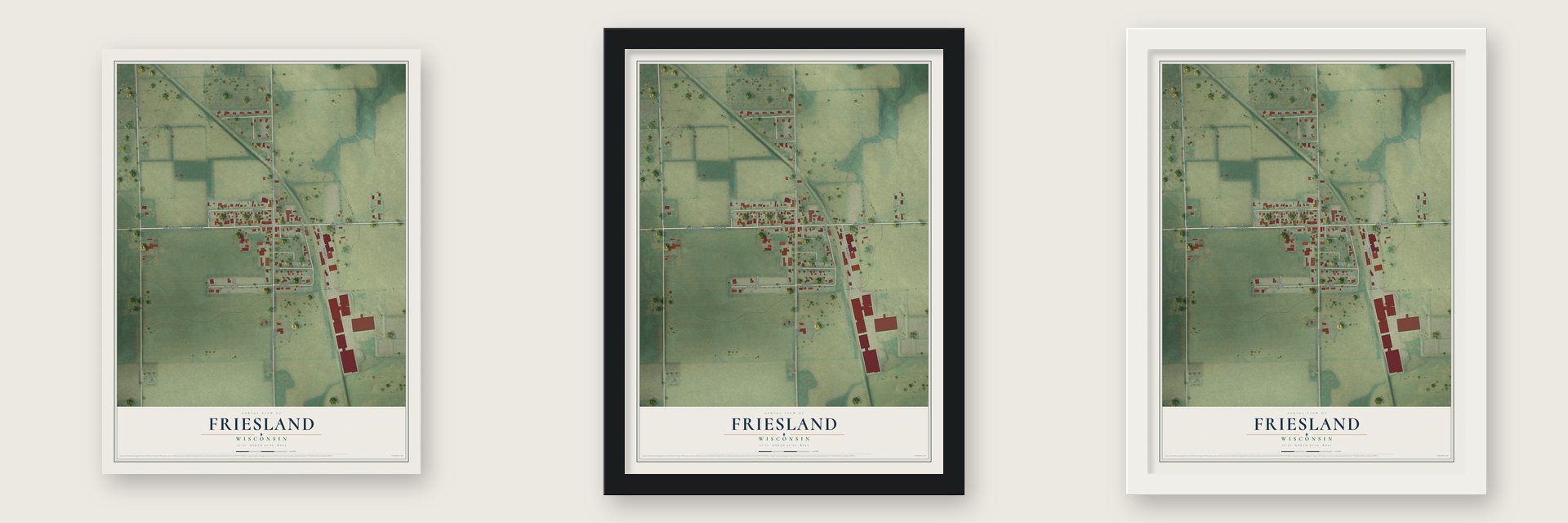 Friesland, Wisconsin map unframed, in a black wood frame and in a white wood frame