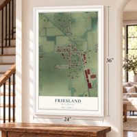 Friesland, Wisconsin map, 24 x 36 inch print in a white frame by a staircase