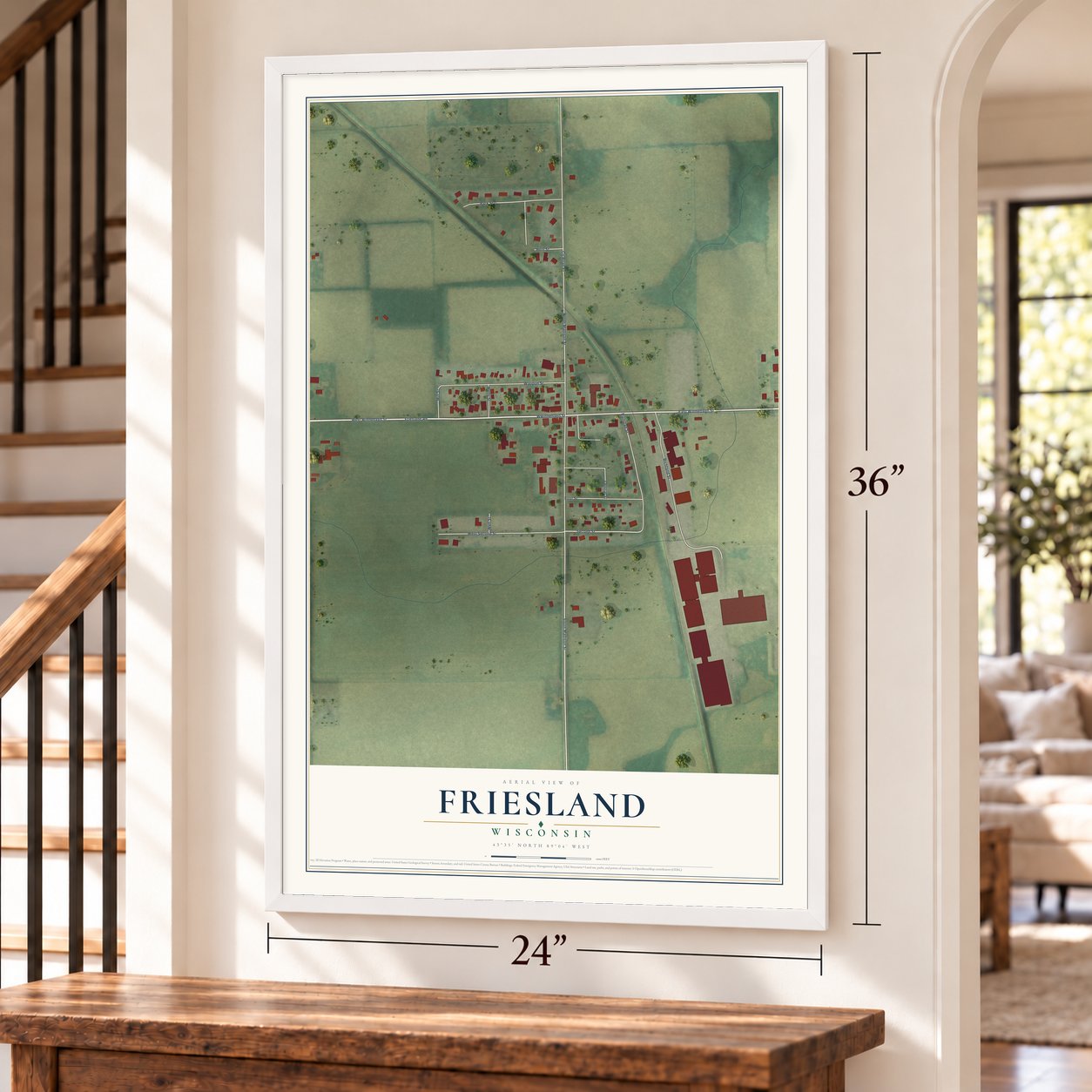 Friesland, Wisconsin map, 24 x 36 inch print in a white frame by a staircase