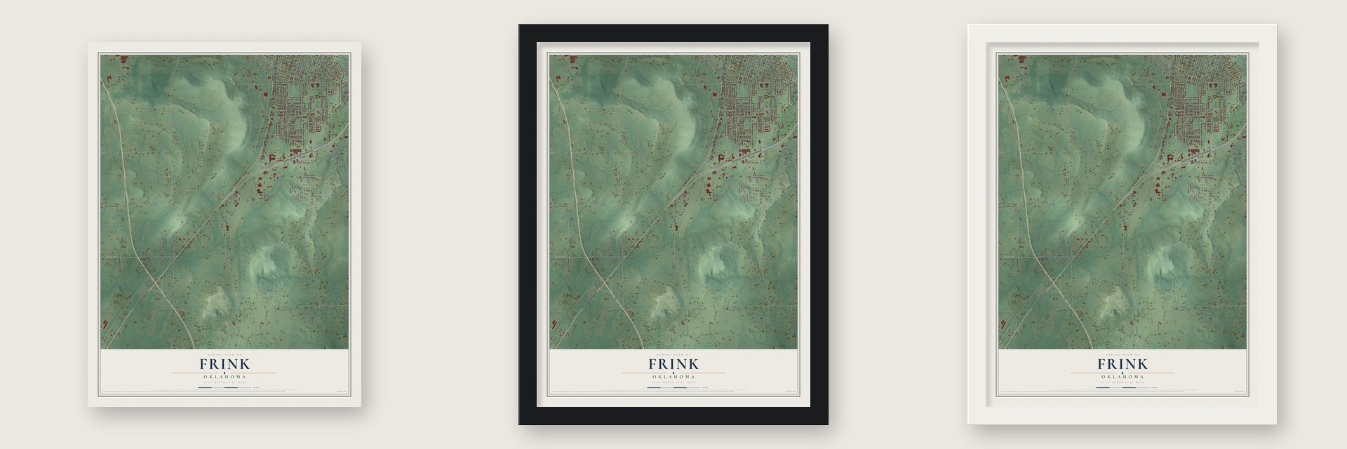 Frink, Oklahoma map unframed, in a black wood frame and in a white wood frame