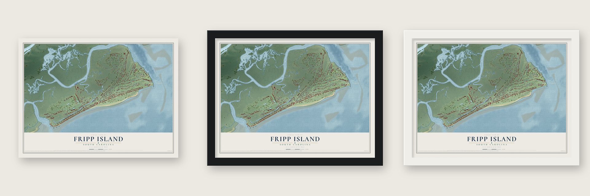 Fripp Island, South Carolina map unframed, in a black wood frame and in a white wood frame