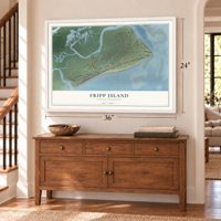 Fripp Island, South Carolina map, 24 x 36 inch print in a white frame above a dresser by a staircase