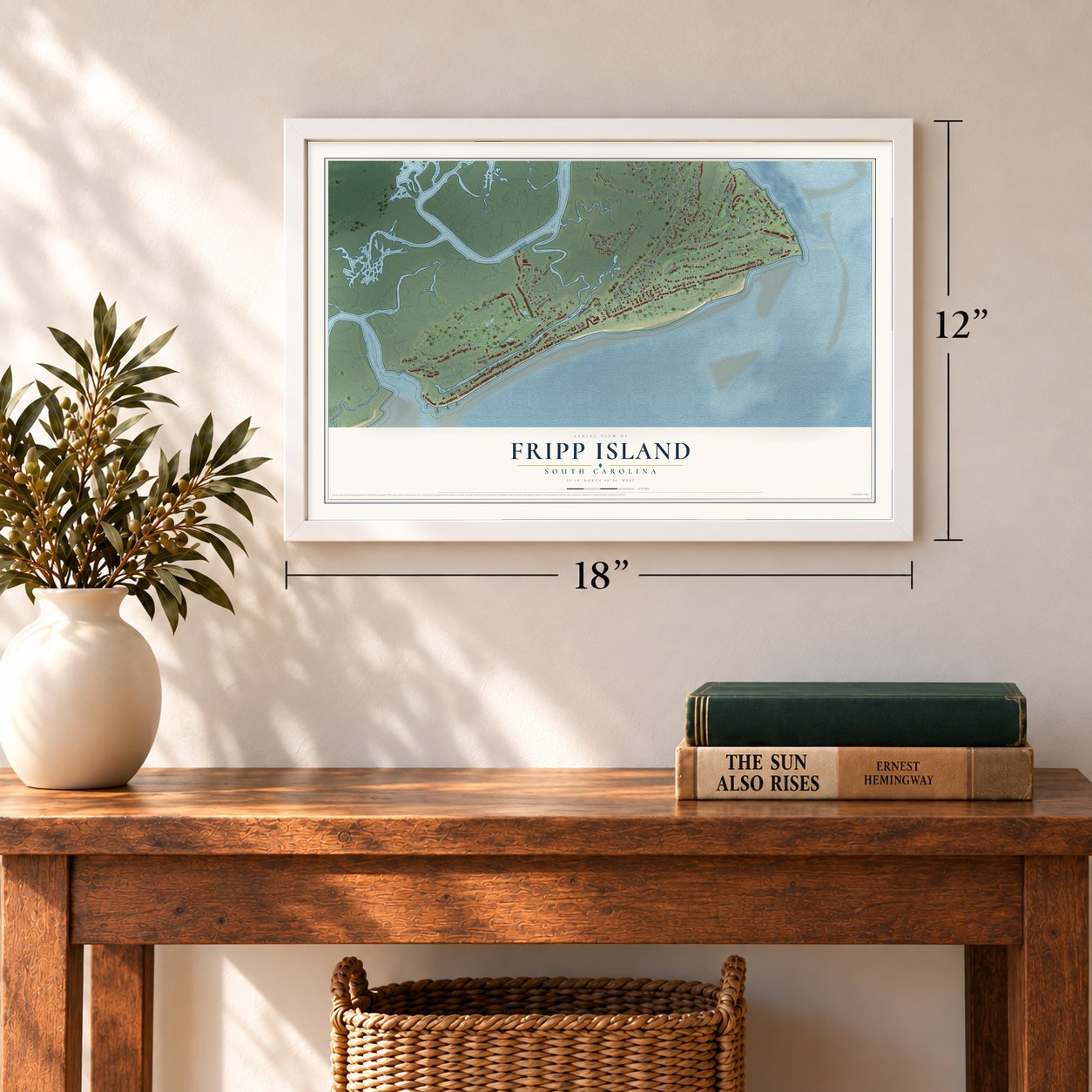 Fripp Island, South Carolina map, 12 x 18 inch print in a white frame in an entryway