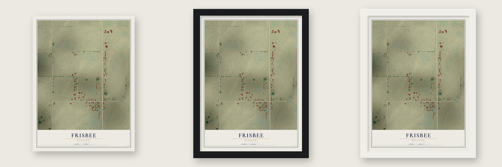 Frisbee, Missouri map unframed, in a black wood frame and in a white wood frame
