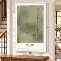 Frisbee, Missouri map, 24 x 36 inch print in a white frame by a staircase