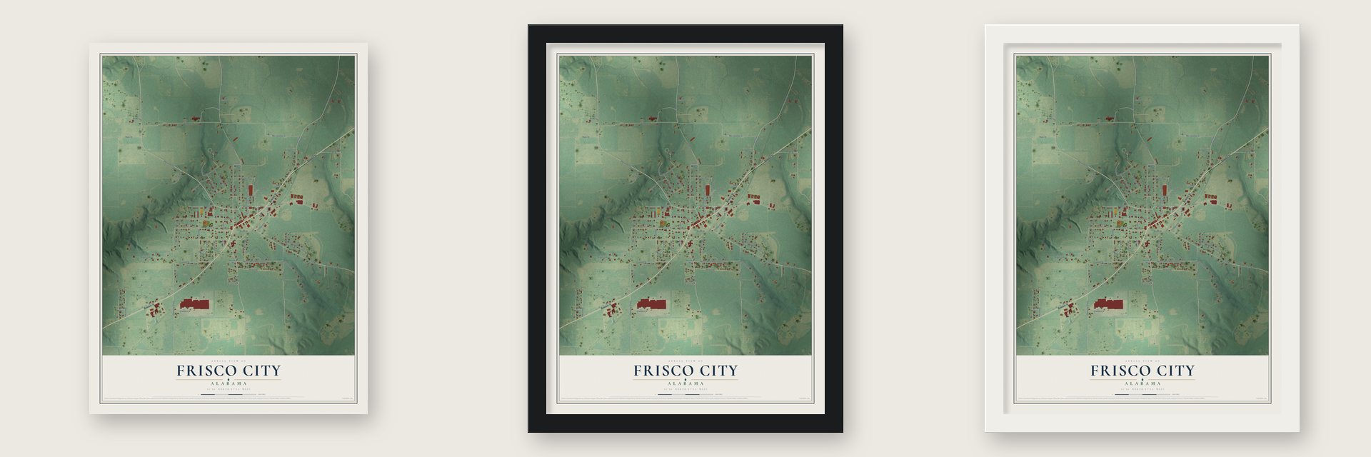 Frisco City, Alabama map unframed, in a black wood frame and in a white wood frame