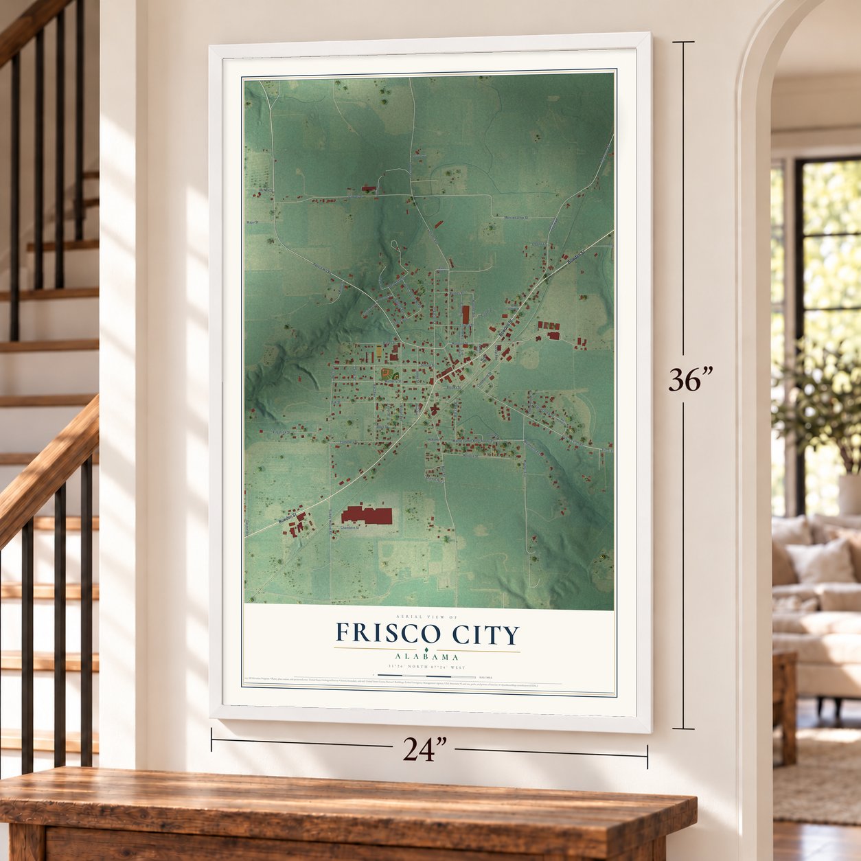 Frisco City, Alabama map, 24 x 36 inch print in a white frame by a staircase