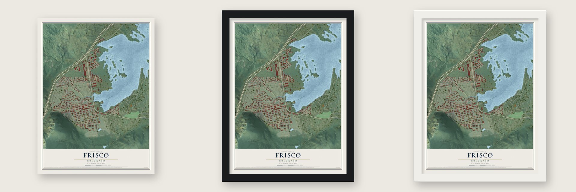 Frisco, Colorado map unframed, in a black wood frame and in a white wood frame