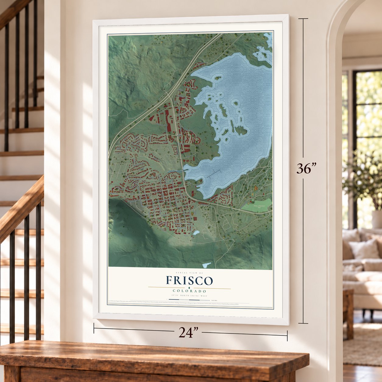 Frisco, Colorado map, 24 x 36 inch print in a white frame by a staircase