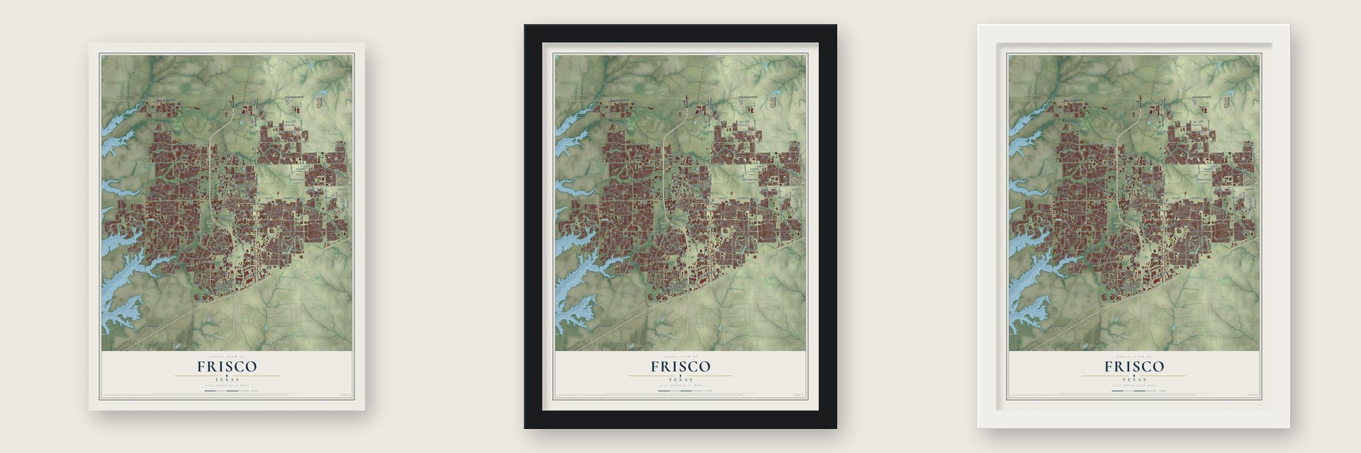 Frisco, Texas map unframed, in a black wood frame and in a white wood frame