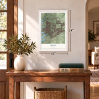 Frisco, Texas map, 12 x 18 inch print in a white frame in an entryway