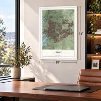 Frisco, Texas map, 18 x 24 inch print in a white frame in a home office