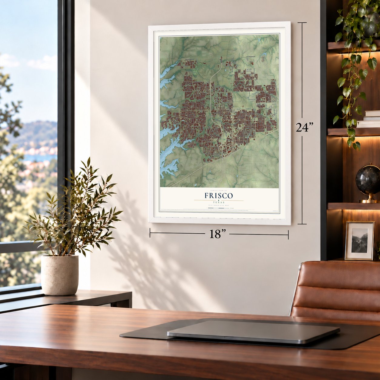 Frisco, Texas map, 18 x 24 inch print in a white frame in a home office