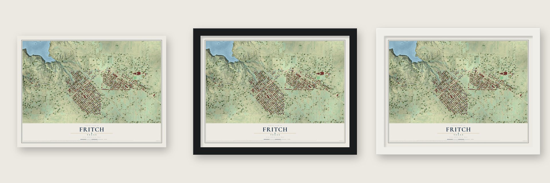 Fritch, Texas map unframed, in a black wood frame and in a white wood frame