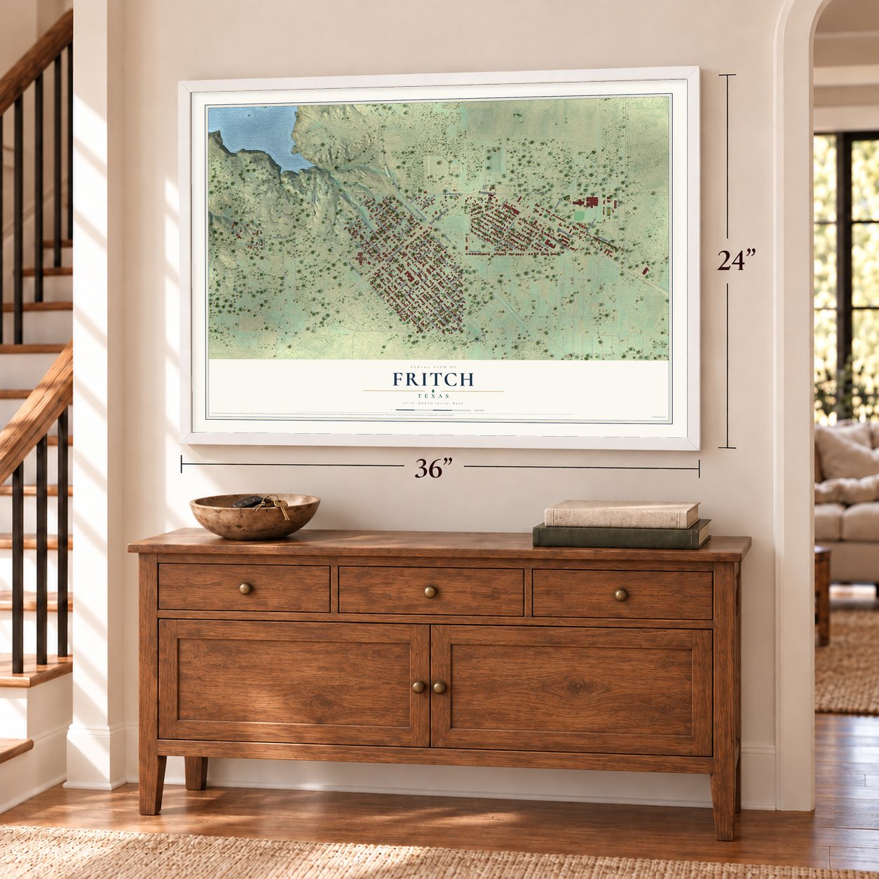 Fritch, Texas map, 24 x 36 inch print in a white frame above a dresser by a staircase