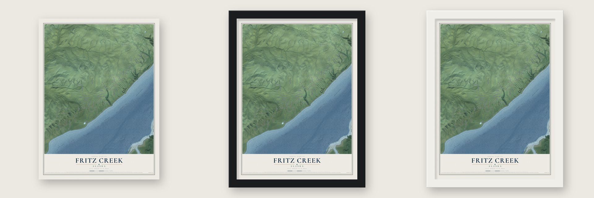 Fritz Creek, Alaska map unframed, in a black wood frame and in a white wood frame