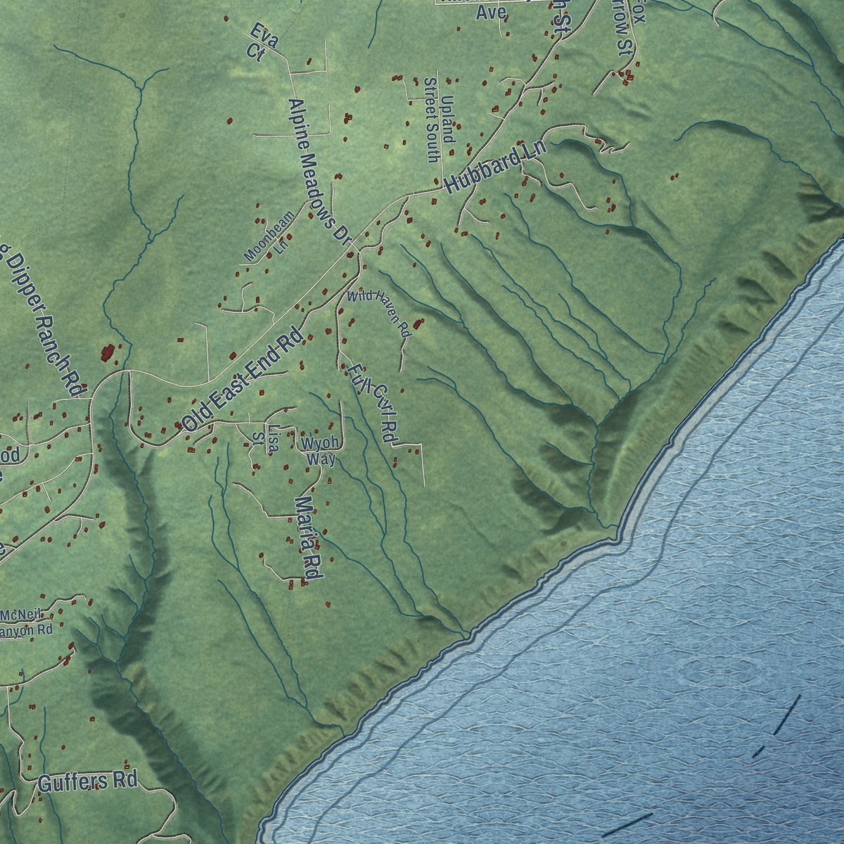 Second close-up of the map of Fritz Creek, Alaska print showing more streets and buildings