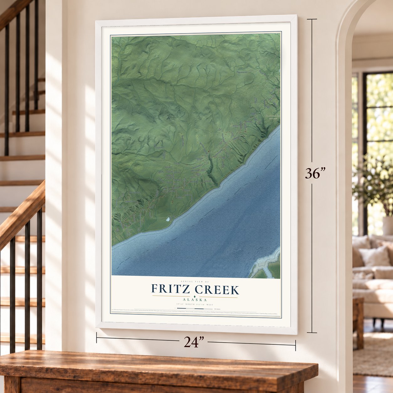 Fritz Creek, Alaska map, 24 x 36 inch print in a white frame by a staircase