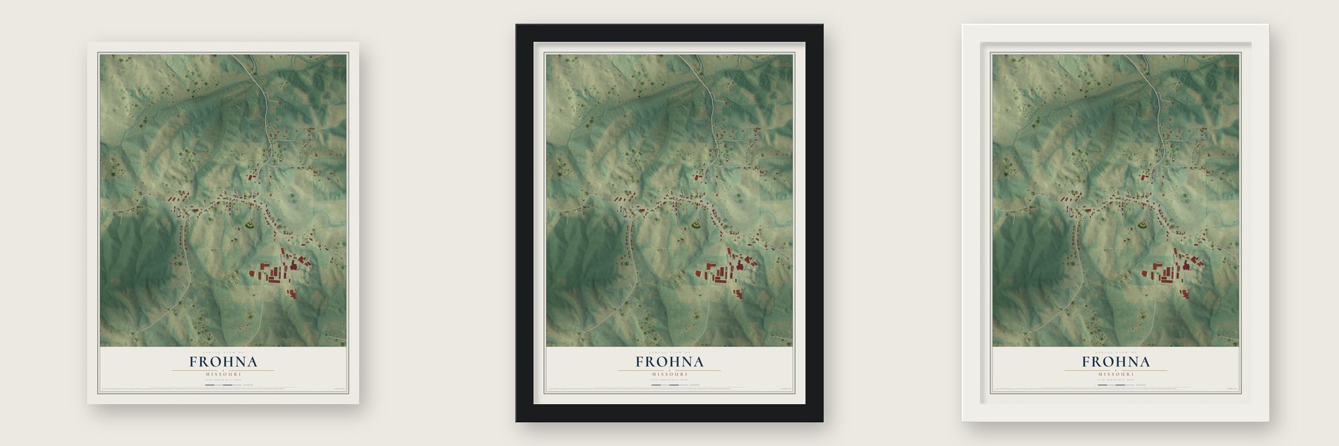Frohna, Missouri map unframed, in a black wood frame and in a white wood frame