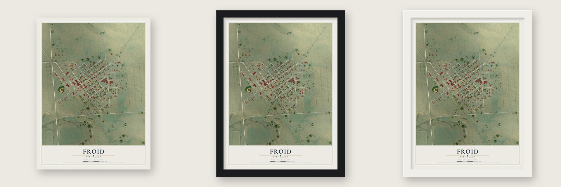 Froid, Montana map unframed, in a black wood frame and in a white wood frame
