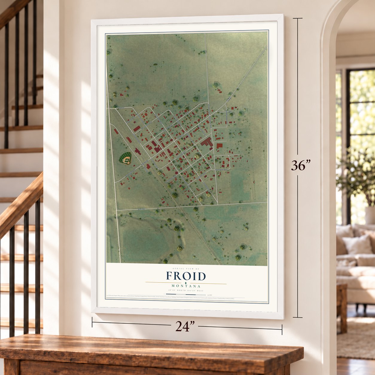 Froid, Montana map, 24 x 36 inch print in a white frame by a staircase