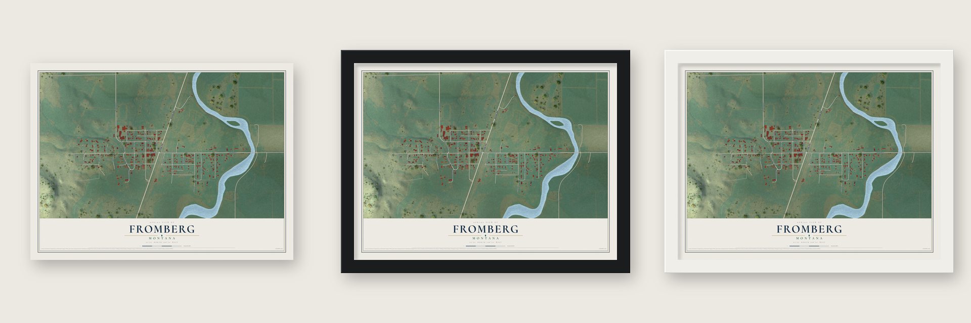 Fromberg, Montana map unframed, in a black wood frame and in a white wood frame