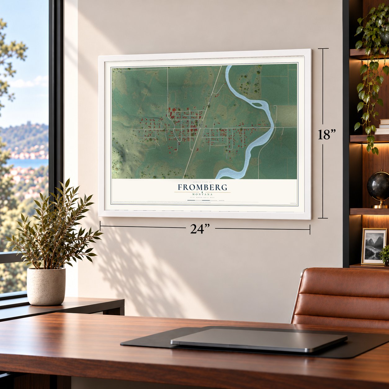 Fromberg, Montana map, 18 x 24 inch print in a white frame in a home office