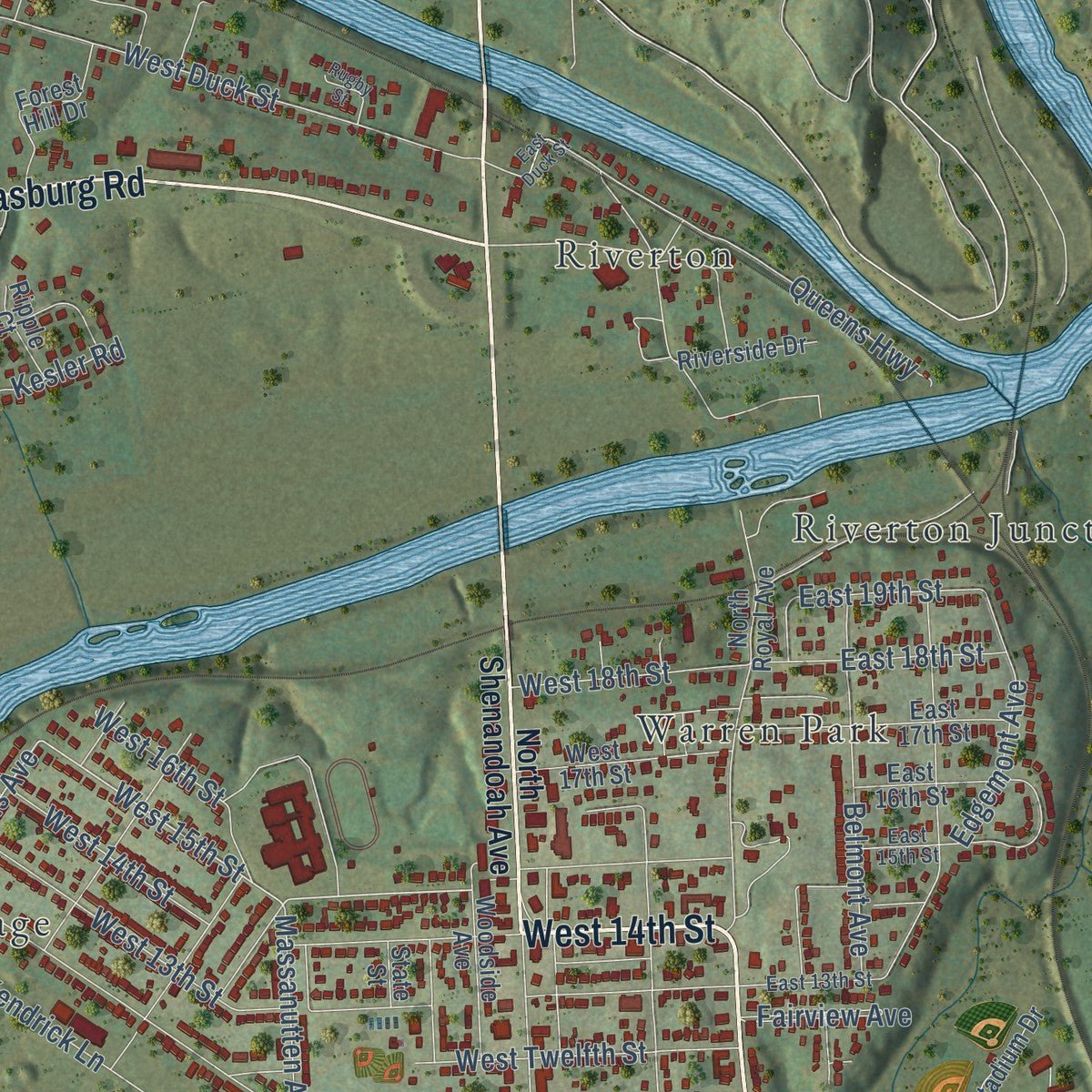 Second close-up of the map of Front Royal, Virginia print showing more streets and buildings