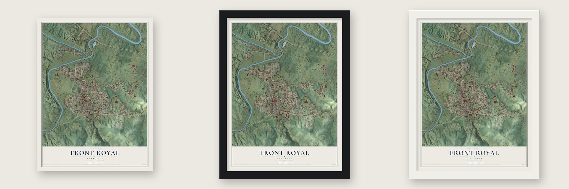 Front Royal, Virginia map unframed, in a black wood frame and in a white wood frame