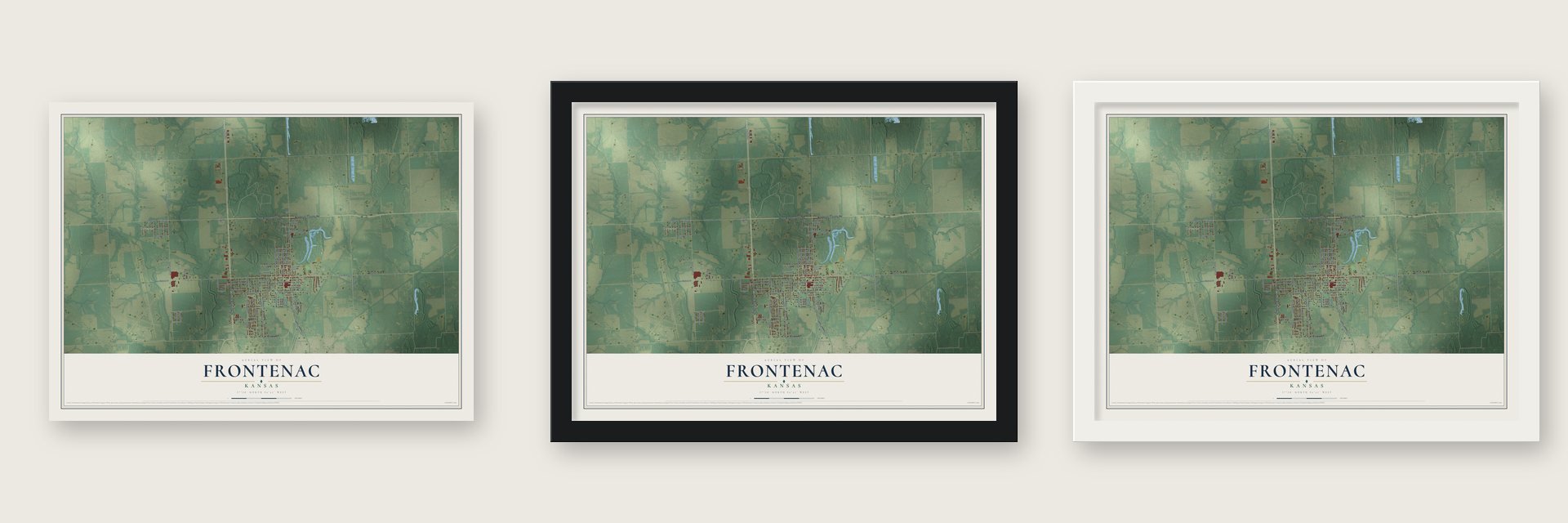 Frontenac, Kansas map unframed, in a black wood frame and in a white wood frame
