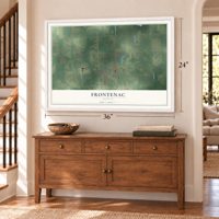 Frontenac, Kansas map, 24 x 36 inch print in a white frame above a dresser by a staircase