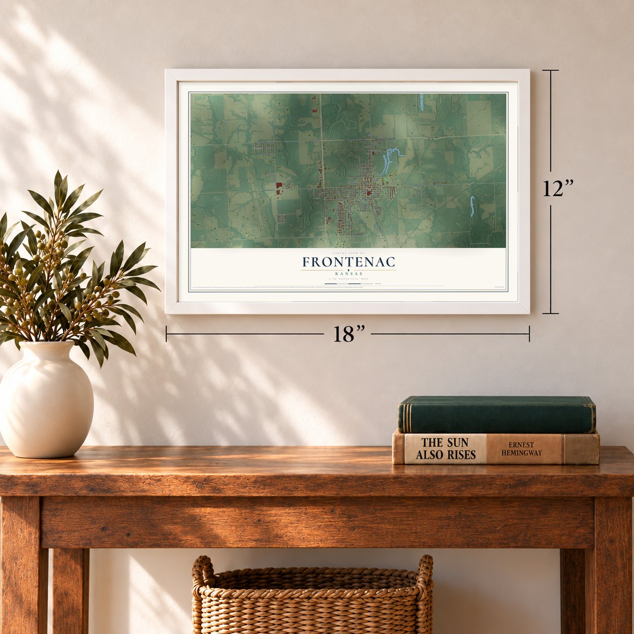 Frontenac, Kansas map, 12 x 18 inch print in a white frame in an entryway