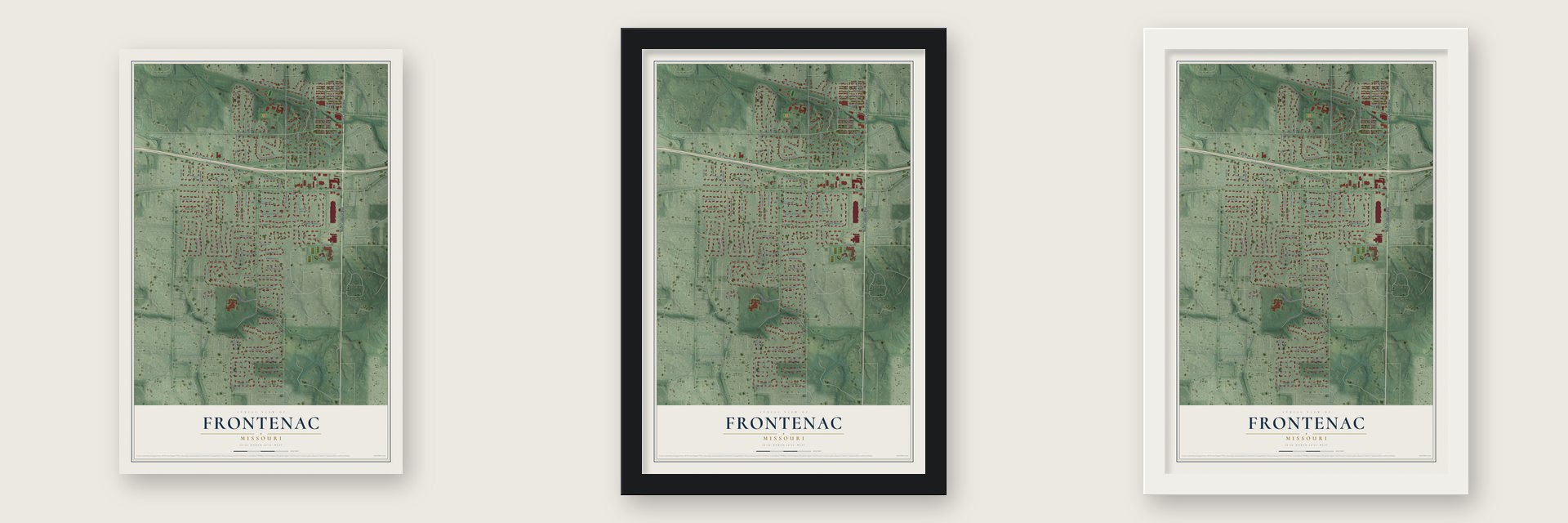 Frontenac, Missouri map unframed, in a black wood frame and in a white wood frame