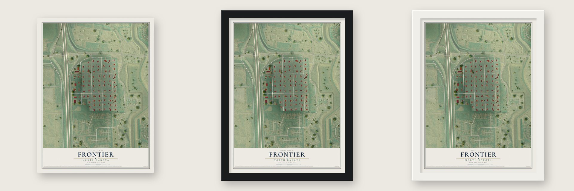 Frontier, North Dakota map unframed, in a black wood frame and in a white wood frame