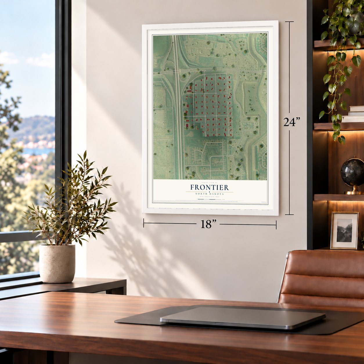 Frontier, North Dakota map, 18 x 24 inch print in a white frame in a home office