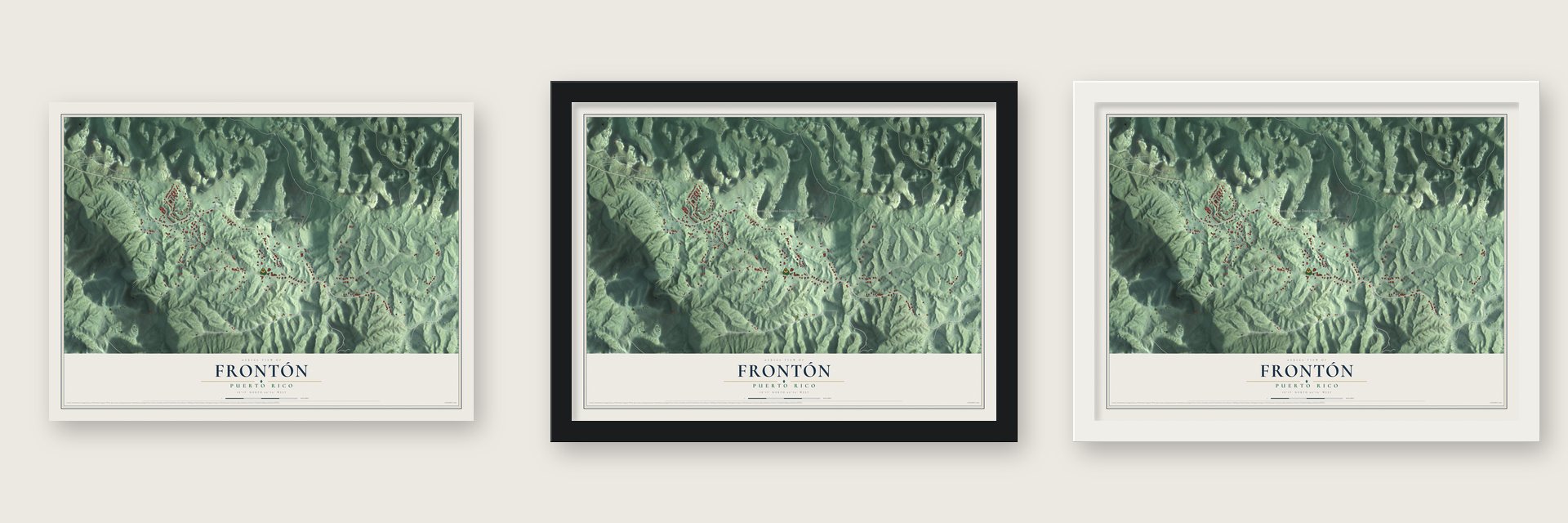Frontón, Puerto Rico map unframed, in a black wood frame and in a white wood frame