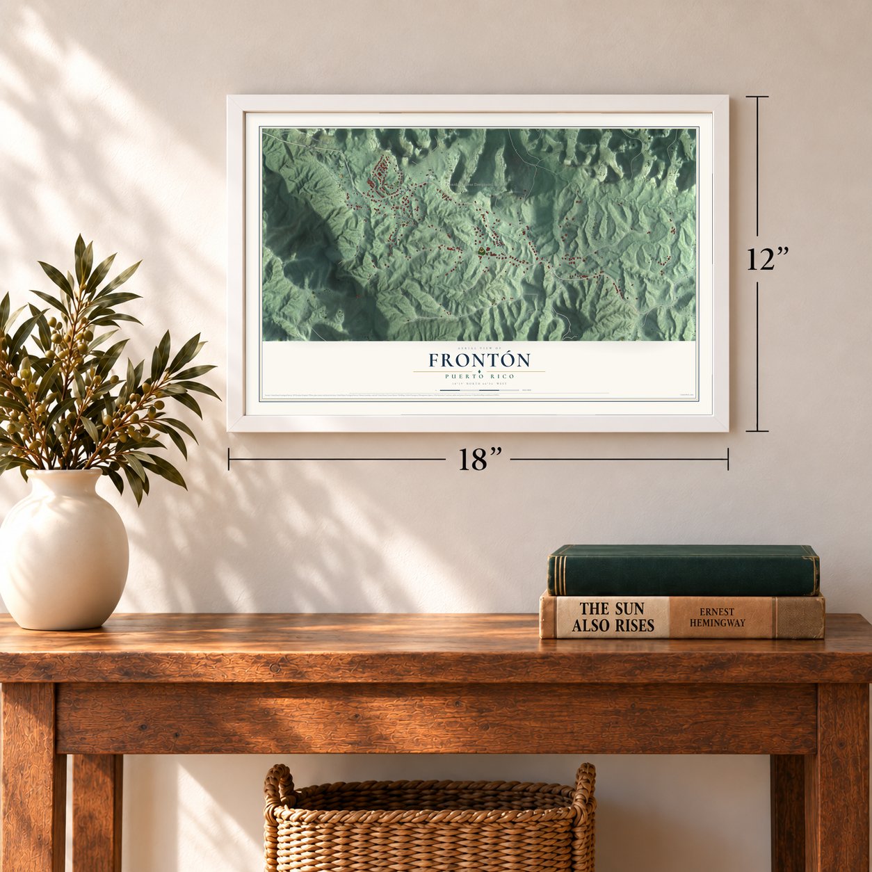 Frontón, Puerto Rico map, 12 x 18 inch print in a white frame in an entryway