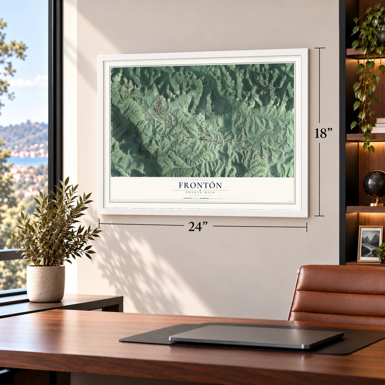 Frontón, Puerto Rico map, 18 x 24 inch print in a white frame in a home office