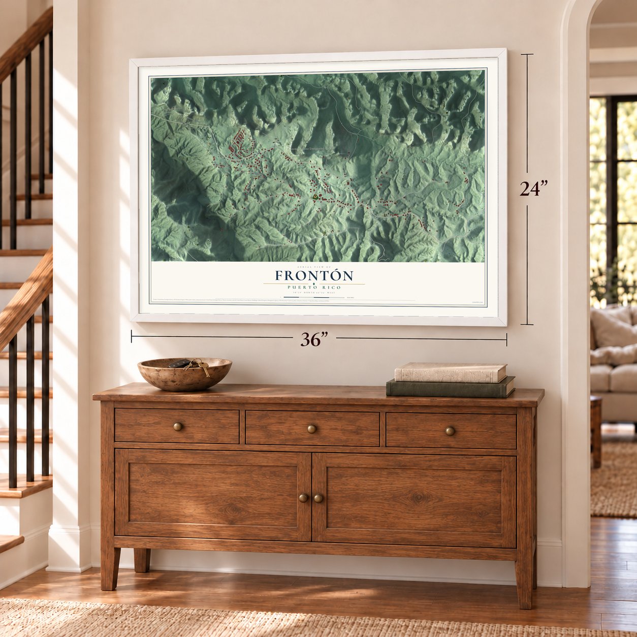 Frontón, Puerto Rico map, 24 x 36 inch print in a white frame above a dresser by a staircase