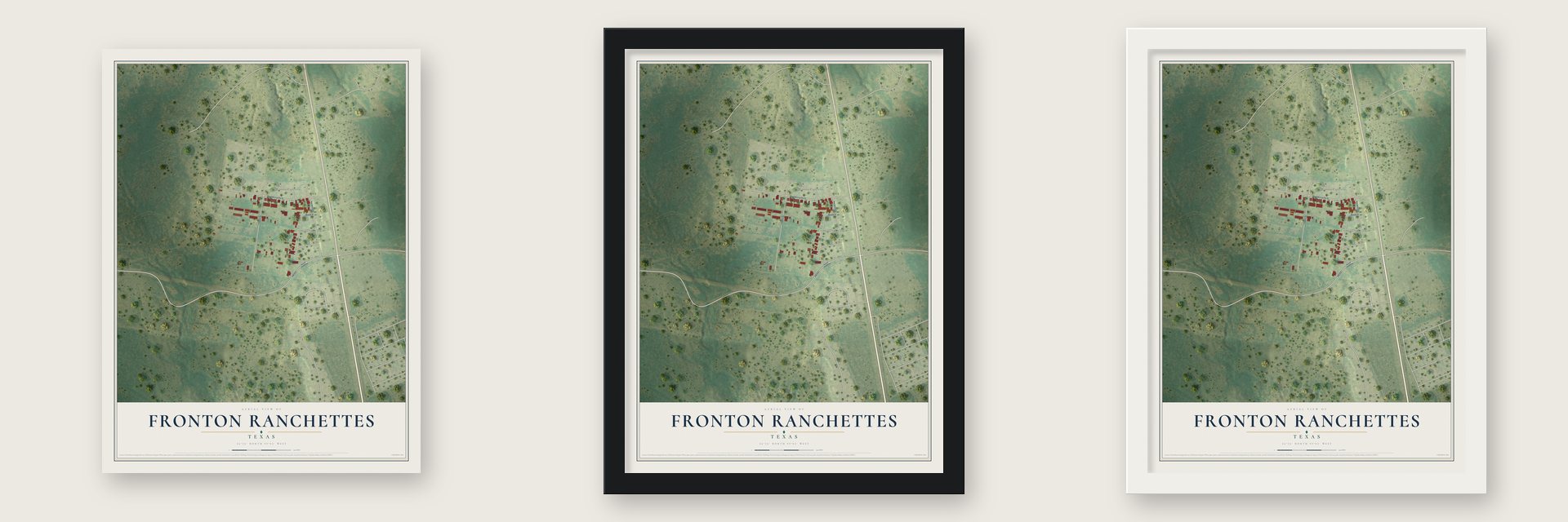 Fronton Ranchettes, Texas map unframed, in a black wood frame and in a white wood frame