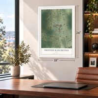 Fronton Ranchettes, Texas map, 18 x 24 inch print in a white frame in a home office