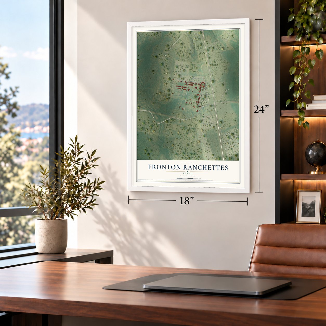 Fronton Ranchettes, Texas map, 18 x 24 inch print in a white frame in a home office