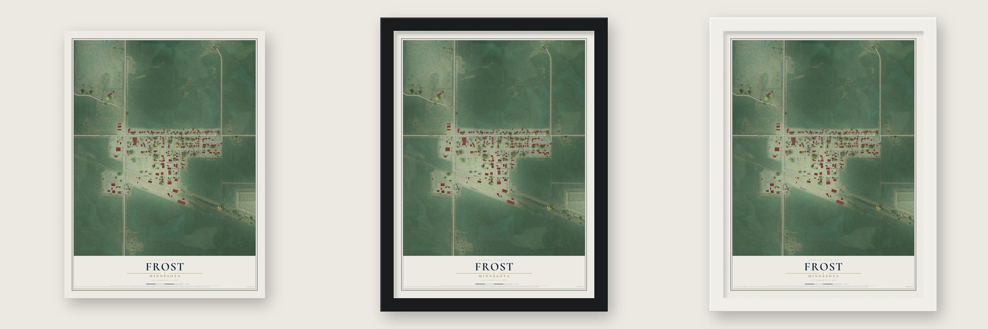 Frost, Minnesota map unframed, in a black wood frame and in a white wood frame