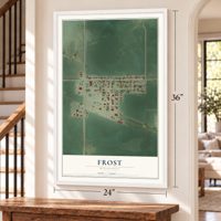 Frost, Minnesota map, 24 x 36 inch print in a white frame by a staircase