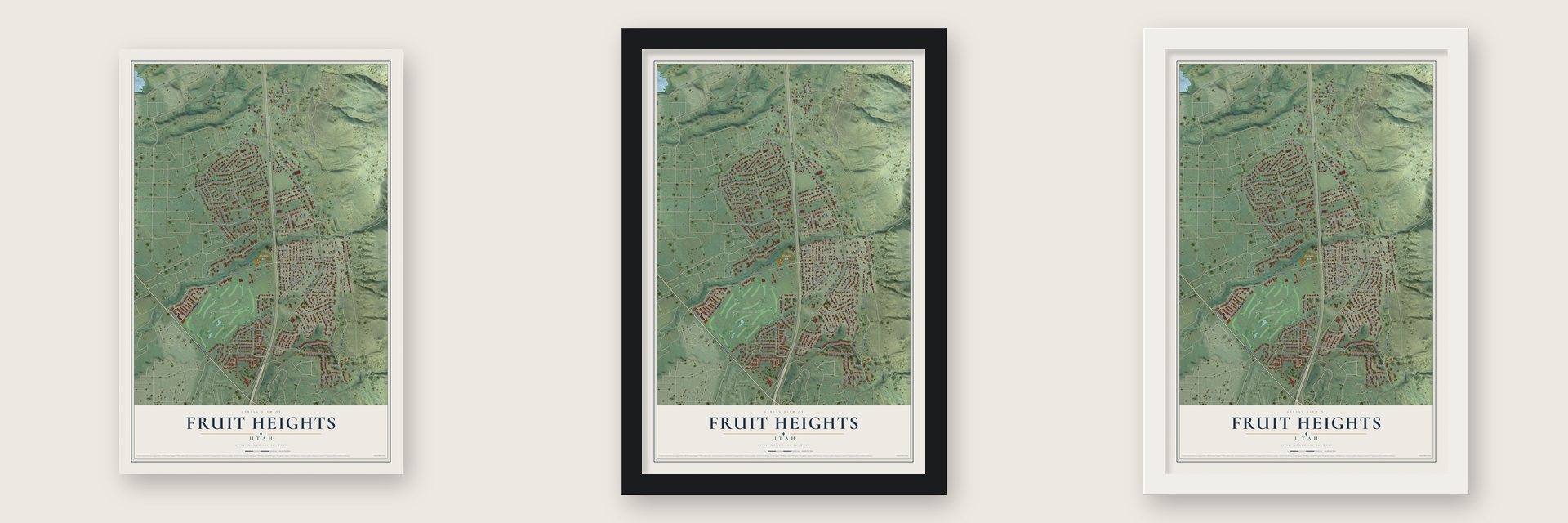 Fruit Heights, Utah map unframed, in a black wood frame and in a white wood frame