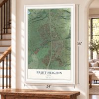 Fruit Heights, Utah map, 24 x 36 inch print in a white frame by a staircase