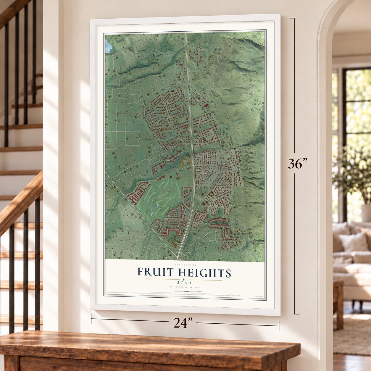 Fruit Heights, Utah map, 24 x 36 inch print in a white frame by a staircase
